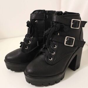 Black 3 inch heeled combat boots, size 7 1/2
